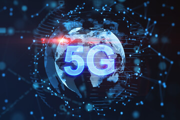 Global 5G network concept with digital world map. Technological infrastructure. 3D Rendering