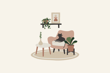 Minimalist Living Room with Cat Vector Illustration
