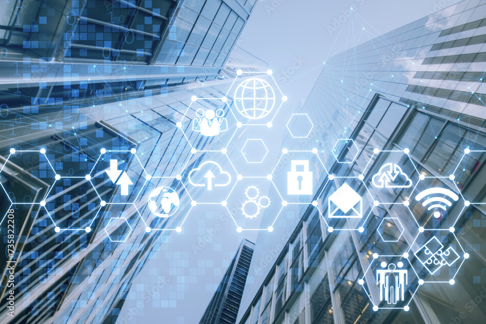 Aufkleber Creative digital hexagonal pattern with various business icons on blurry polygonal city background. Digital dashboard and data concept. Double exposure.