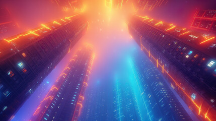 Obraz premium Low angle view of tall futuristic cyberspace neon lights skyscrapers wallpaper background