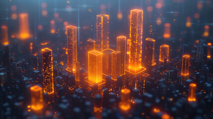 Fototapeta premium City buildings from futuristic science fiction orange neon lights virtual reality wallpaper background