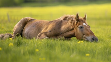 Naklejka na ściany i meble Contented Horse Relaxing in Grassy Field AI Generated