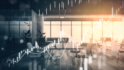 Modern office interior with abstract forex chart backdrop. Toned image. Finance and trade concept. Double exposure.