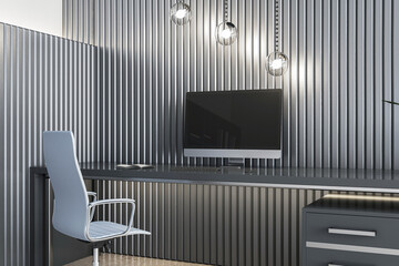 Contemporary home office with textured grey panels and minimalist furnishings. Modern workspace. 3D Rendering