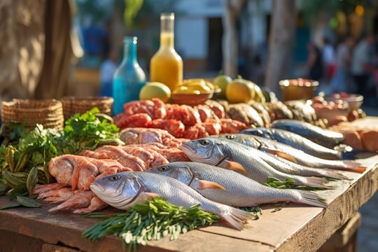 Local market with fresh farm products. Sea fish and seafood close-up on street counter