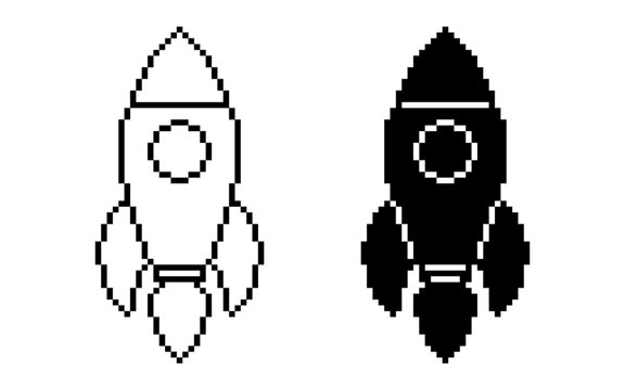 black white pixel art rocket icon set isolated on white background
