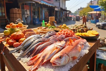 Local market with fresh farm products. Sea fish and seafood close-up on street counter