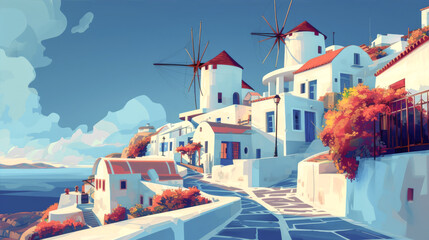 illustration of houses on santorini island
 - obrazy, fototapety, plakaty