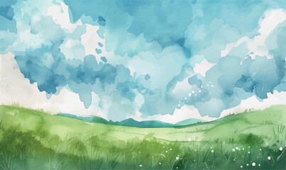 watercolor background with grass and clouds © Iryna