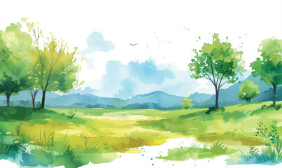 watercolor spring landscape with trees © Iryna