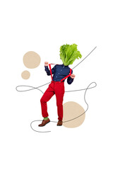 Vertical creative composite photo collage of funky positive headless man salad instead of head...