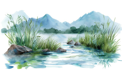watercolor landscape with lake - obrazy, fototapety, plakaty
