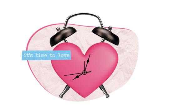 Photo collage cartoon comics sketch picture of 14 february love heart shape clock isolated drawing background