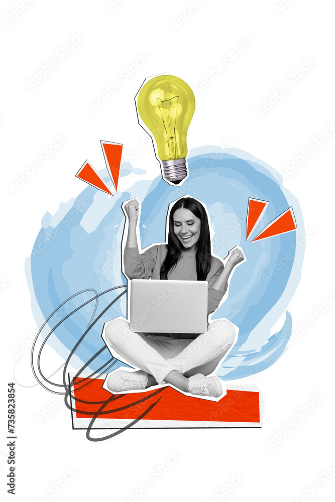 Poster vertical creative photo 3d sketch collage of optimistic ecstatic crazy girl clenching fists got bril