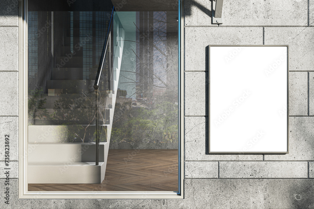 Aufkleber Modern daylit glass storefront in concrete building with empty white mock up banner . 3D Rendering.