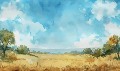 Fotobehang watercolor landscape with field trees and sky © Irina