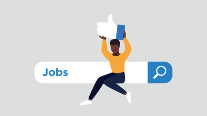 Zufriedener Kunde, der auf einer Suchleiste sitzt und einen Daumen hochhält