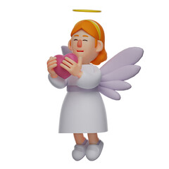  3D illustration. 3D Angel Cartoon Character holding a purple heart. with beautiful white wings on the back. with a happy smile. 3D Cartoon Character