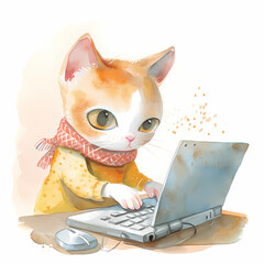 Cat character programming on a laptop, watercolor illustration.