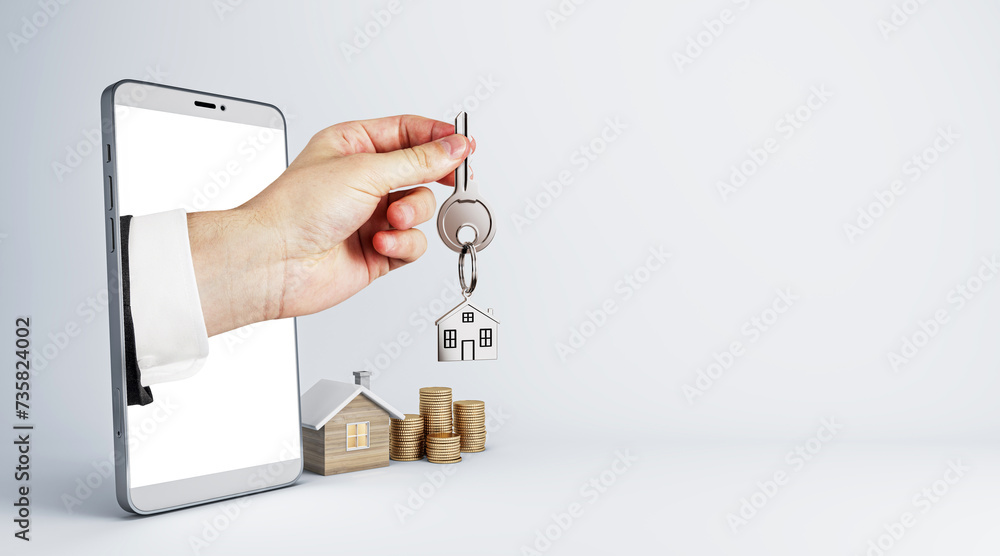 Poster Hand with keys sticking out of smartphone with house and coins on light background with mock up place. Online home purchase, buy and rent concept.