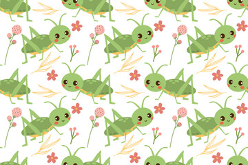 Grasshoppers and flowers. Vector illustration cartoon flat psttern with flower and branch isolate on white , cute character for your design , graphic design for paper or fabric prints .