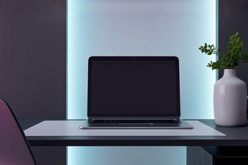 Minimalist workspace with blue backlight, sleek desk, and decorative greenery. 3D Rendering