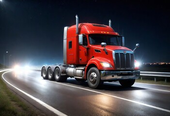 Big rig stylish industrial red semi truck with turned on headlights transporting cargo