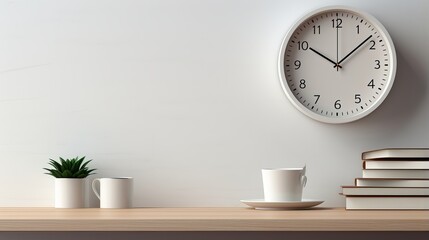 Minimalist Home Office Desk Setup: Mockup of Empty Frame, Round Wall Clock, and Supplies on White...