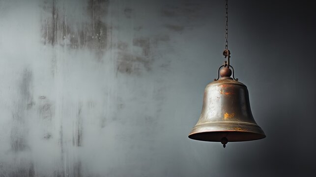 Vintage Metal School Bell Hanging Against Weathered Grey Wall Background, Educational Concept