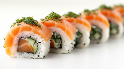 japanese sushi food. Maki ands rolls with tuna, salmon, shrimp, crab and avocado. Top view of assorted sushi. Rainbow sushi roll and nigiri. Set of sushi and maki with soy sauce white  background 