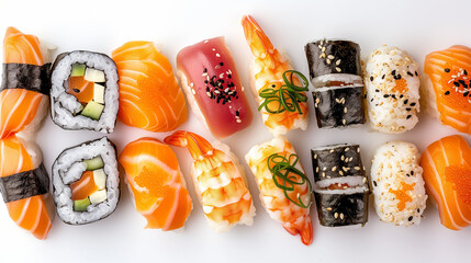 japanese sushi food. Maki ands rolls with tuna, salmon, shrimp, crab and avocado. Top view of assorted sushi. Rainbow sushi roll and nigiri. Set of sushi and maki with soy sauce white  background  - obrazy, fototapety, plakaty