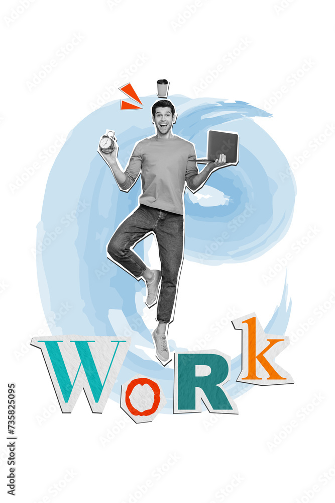 Poster working concept collage of young excited guy employee netbook ring clock deadline drink coffee many 