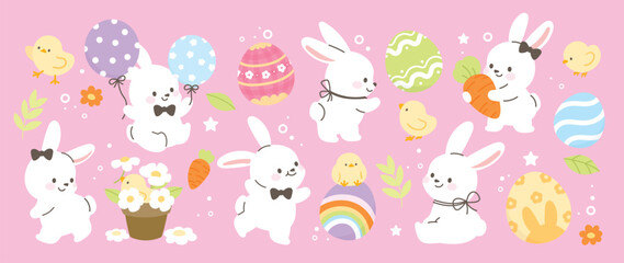 Happy Easter comic element vector set. Cute hand drawn rabbit, chicken, easter egg, spring flowers, leaf, carrot, balloon. Collection of doodle animal and adorable design for decorative, card, kids. - 735825021