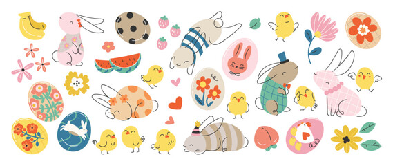 Happy Easter comic element vector set. Cute hand drawn rabbit, chicken, easter egg, spring flowers, watermelon slice. Collection of doodle animal and adorable design for decorative, card, kids.