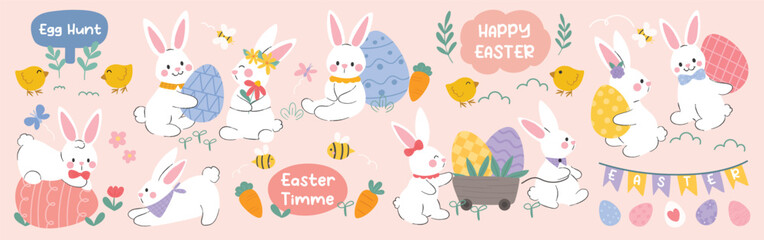 Happy Easter comic element vector set. Cute hand drawn rabbit, chicken, easter egg, spring flowers, leaf branch, butterfly. Collection of doodle animal and adorable design for decorative, card, kids.