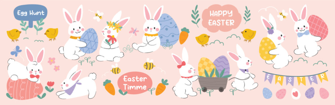 Happy Easter comic element vector set. Cute hand drawn rabbit, chicken, easter egg, spring flowers, leaf branch, butterfly. Collection of doodle animal and adorable design for decorative, card, kids.