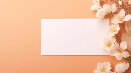 Blank paper business card mockup with floral sunlight shadows on peach fuzz background