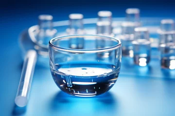 Foto op Canvas Pipette with sample of cosmetic product in petri dish on blue background, selective focus © arhendrix