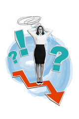 Vertical collage picture of impressed black white gamma girl big exclamation question mark arrow...