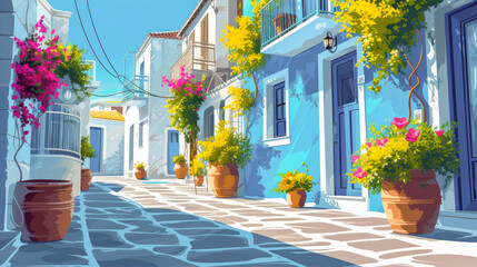 Illustration of houses on Santorini island
