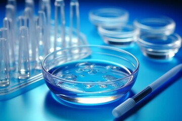 Pipette with sample of cosmetic product in petri dish on blue background, selective focus