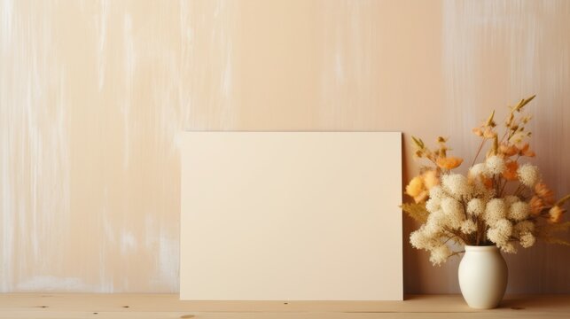Sunlit blank paper card on neutral wooden desk background with floral shadows - postcard mockup