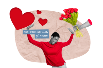 Collage 3d image of pinup pop retro sketch of lady guy denying celebrate 14 february isolated painting background