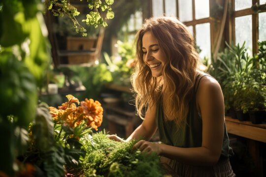 Smiling young woman tending plants in a lush greenhouse