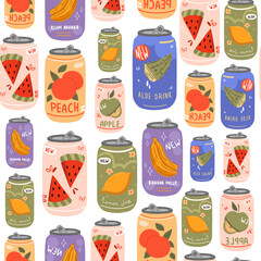 Collection of lemonades and cocktails in aluminum cans. Seamless set cold drinks with lemon, cherry, peach and banana. Cartoon flat vector illustration.