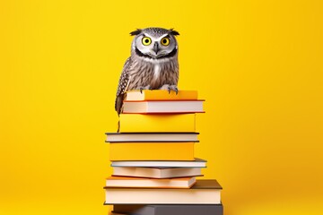 a owl sitting on a stack of books - obrazy, fototapety, plakaty