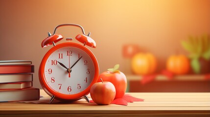 Vibrant Back to School Concept: 3D Render of Orange Alarm Clock, Red Apple, and School Supplies