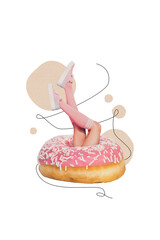 Collage picture of weird unusual girl no face inside hole tasty delicious glazed donut isolated on...