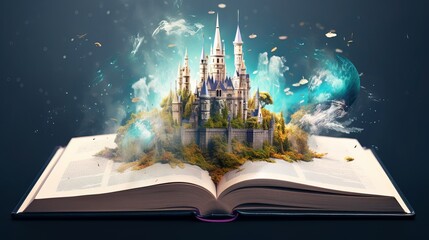 Enchanting Fantasy: Open Book Reveals Magical World with Castle Illustration - Generative Art