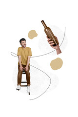 Collage template design picture of man sitting dreamy looking his favorite brand alcohol bottle wine champagne isolated on beige background